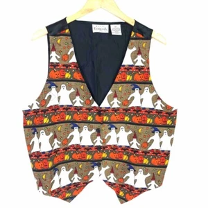 Halloween Vest Black Beige Spooky Ghost Pumpkin Patch Button Womens Plus 16 W - Picture 1 of 12