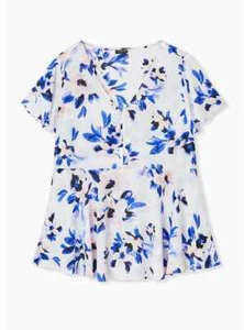 Torrid Georgette Peplum Blouse V Neck Flutter Sleeves Ivory & Blue 1X #06792 - Picture 1 of 5