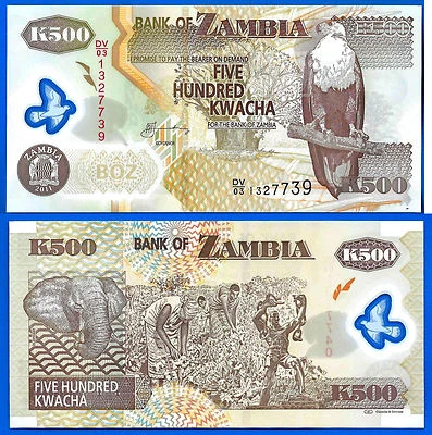 Zambia 500 Kwacha 2011 Unc Polymer Africa Banknote Aigle Free Shipping Worldwide - Image 1 of 3