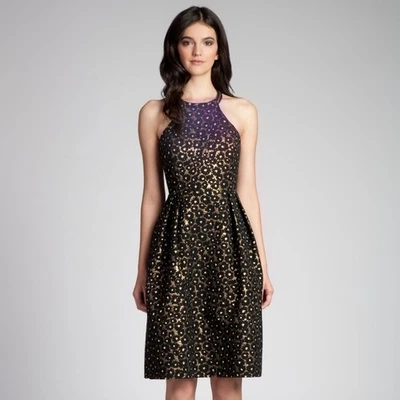 Платье Shoshanna Midnight Greta черно-золотистое жаккардовое металлик с бретелью через шею размер 8 - Изображение 1 из 4