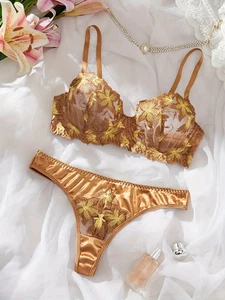 Bronze Dessous Set mit Blumenstickerei - halbtransparenter BH - Bild 1 von 5