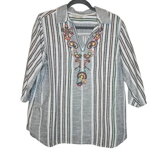 Soft surroundings Brookhaven Aruba Blue Emboridered Striped Blouse sz Large - Picture 1 of 8