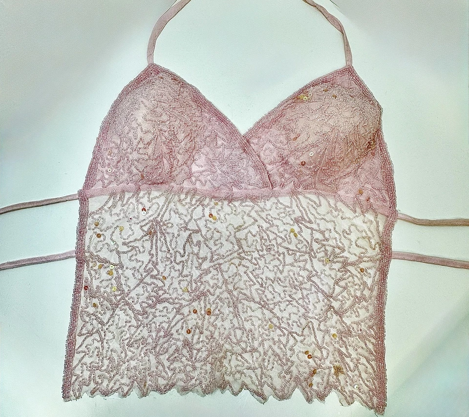 Винтажный Y2K фея бисером и блестками с бретелью через шею без спинки верхний мягкий розовый фестиваль sz S/M - Изображение 1 из 4