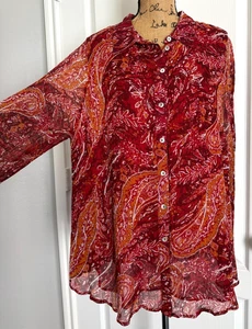 Tunika mit weicher Umrandung Knopfleiste Langarm rot Paisley gefüttert Krepp 1X XL - Bild 1 von 7