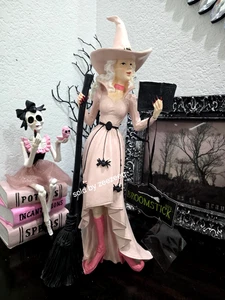 BROOMSTICK Halloween Stunning 15" Witch Figurine Pink Dress & Spiders - Picture 1 of 9
