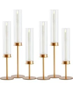 Gold Hurricane Candle Holders, Set of 6 Glass Taper Candlestick Metal Base - Picture 1 of 5