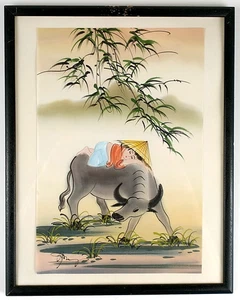 Vintage Vietnamese Watercolor on Silk Painting Boy Sleeping Water Buffalo 1034 - Picture 1 of 6