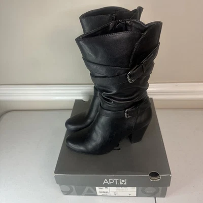 Apt. 9 Botas de Montar para Mujer 7 Negras Media Pantorrilla Puntera Almendra Bloque Cuero Informal Foto 1 de 4