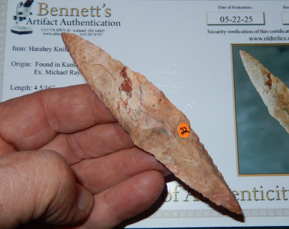 MARAVILLOSO COLOR EN ESTE CUCHILLO HARAHEY DE 4 BISELES ENCONTRADO EN KANSAS Jim Bennett certificado de autenticidad C129 Foto 1 de 4