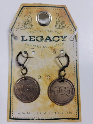 Texas Christian TCU Frogs Round Vintage Antique Bronze Earrings Dangle Legacy Cover