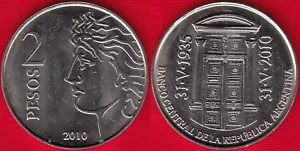 Argentina 2 pesos 2010 km#162 "75y of bank B.C.R.A." UNC - Picture 1 of 1