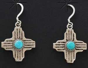 Native American Navajo Handmade Sterling Silver with Turquoise Zia Earrings - Picture 1 of 2