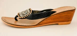 NEW PRICE! EUROPEAN LEATHER, WOOD AND RHINESTONE SKĒMO SANDALS, SIZE 7 - Picture 1 of 5
