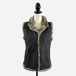 J Jill Womens Vest M Medium Jacket Gray Faux Fur Trim Button Down Front Pockets - Picture 1 of 15