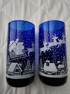 Pair Libbey Cobalt Blue 6" Tumbler Glasses Santa Sleigh Reindeer Christmas - Picture 1 of 6
