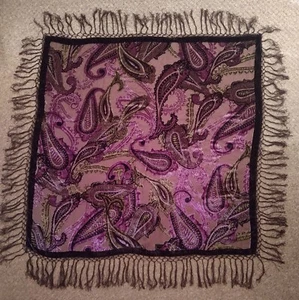 Vintage Shawl Devore Fringed Velvet Scarf Purple Green Brown Piano - Picture 1 of 8