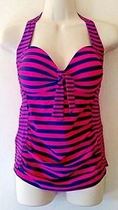 Merona Halter Tankini Top Rosa Blu Rigato Fiorito Imbottito Coppa Small - Foto 1 di 5
