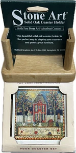 AbsorbaStone Absorbant Coasters Set of 4 Solid Oak Coaster Holder - Picture 1 of 2