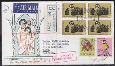 1966 Australia 45c Total 4c Christmas Block FDC Uprated Registered to BELGIUM - Image 1 of 4