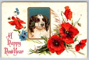 A Happy New Year, Springer Spaniel Dog, Poppies, Antique 1909 Embossed Postcard - Foto 1 di 2