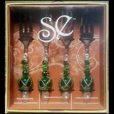 NEW - Home Essentials: 4 Handmade Green Beaded Collectible Fancy Serving Forks - Image 1 of 3