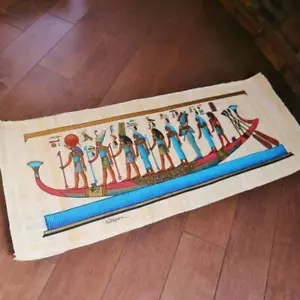 Riesiger handgefertigter Papyrus ägyptisches Museum Göttinnen auf dem Boot Kunstmalerei_32x12" Zoll - Bild 1 von 5