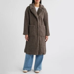 NWT BCBGMAXAZRIA Notch Collar Faux Shearling Long Coat Grey Size Medium - Picture 1 of 4