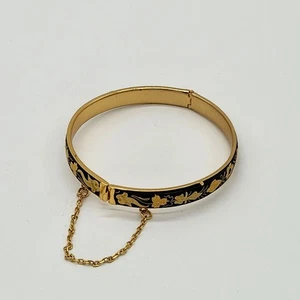 Vintage Damascene Hinged Bangle Bracelet Safety Chain Flowers Gold Tone Black - Picture 1 of 4