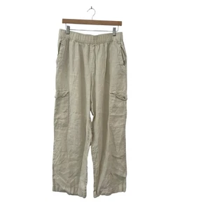 C& C California 100% Linen Pants Large Cargo Beach Wide Leg Cream Elastic Waist - Picture 1 of 4