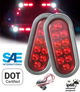 2 Red LED Sealed Stop Brake Turn Tail Light 6" Oval Plug Kits Truck Trailer RV - Picture 1 of 8