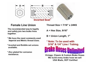 FEMALE BRAKE LINE UNION / JOINER - 7/16" x 24, Inverted Flare - Picture 1 of 1