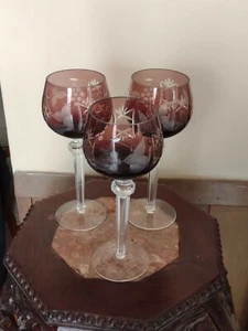 3 Amethyst Purple Bohemian Crystal Cut to Clear Wine Hocks Glasses Grape - Picture 1 of 3
