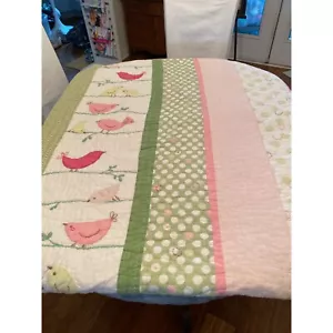 Pottery Barn Kids Tweet 80x66 Birds Dots Green Pink Stripes Quilted 2011 Cotton - Picture 1 of 7