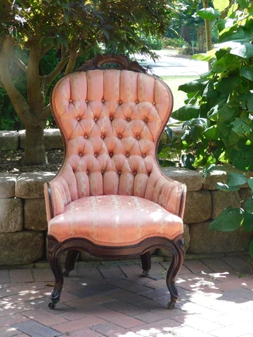 Victorian Carved Arm Chair Mahogany  Peach Floral  Silk Type Fabric 38.5"H Cover
