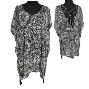 Palisaden Schwimmen Überziehen schwarz geometrisch durchsichtig Resortkleidung Urlaub Damen M/L - Bild 1 von 10