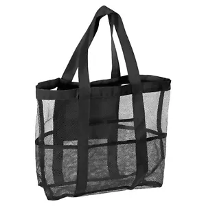 Mesh Beach Tote Bag, 1Pcs 17" x 13" x 5" Upgraded Beach Towel Bags (Black) - Picture 1 of 6