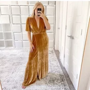 NWT $278 Reformation Miller Dress Gold Midi Velvet Wrap Tie Wrap V Slit Puff XS - Picture 1 of 6