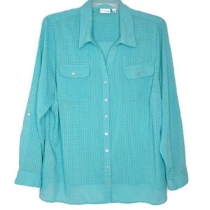 Kim Rogers Damen Größe 3X Bluse Langarm Knopfleiste V-Ausschnitt Aqua Blau - Bild 1 von 10