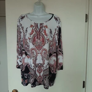 Chico's White Pink Paisley Keyhole Front Tunic Top Size 3 Extra Large 3/4 Sleeve - Picture 1 of 5