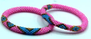 Set of 2 Handmade Beaded Bracelet Nepal Glass Bead Stackable Crochet Bracelets - Picture 1 of 4