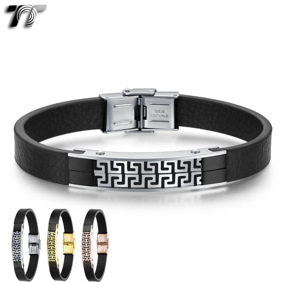 Pulsera Llave Griega TT Cuero Negro 316L Acero Inoxidable (BR327) NEWArrival Foto 1 de 1