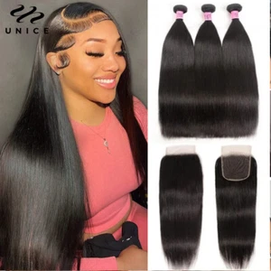 UNice Brazilian Straight Human Hair Extensions Bundles with Lace Closure Weaves - Picture 1 of 12