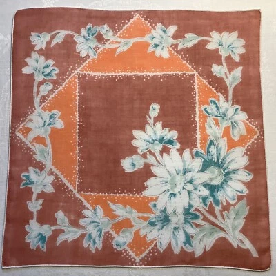 #7438🌟Pañuelo vintage años 40 CORTADOR Floral TURQUESA Naranja Marisias Geométrico Foto 1 de 4
