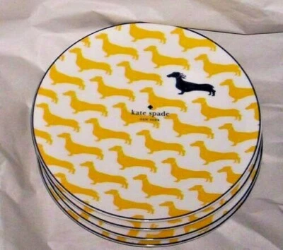 4 Kate Spade Wickford Plate Set Dachsund Dog Yellow Navy Accent Lunch Dessert 9" - Image 1 of 4