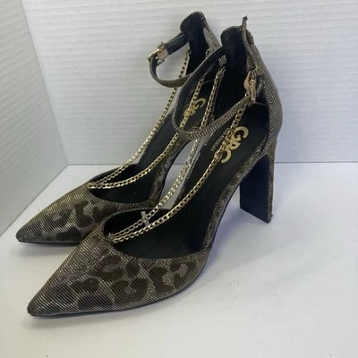 Sapatos femininos G By Guess tamanho 7M dourado preto estampa de animais evento pontiagudo salto alto - Imagem 1 de 4