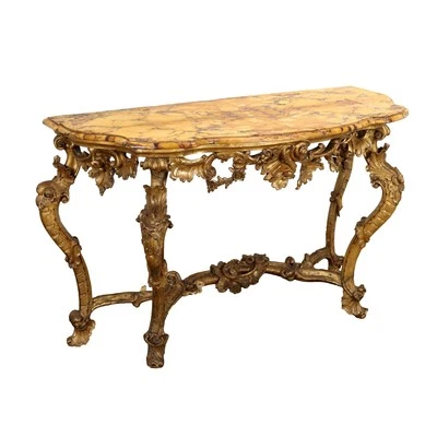 Antique Baroque Console Gilded Wood Marble Top XVIII Century - Image 1 of 4