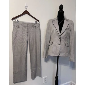 WOMENS MANGO SUIT SZ 12 Top 8 PINSTRIPE TROUSER BLAZER Blue & White Career Wear - Picture 1 of 18