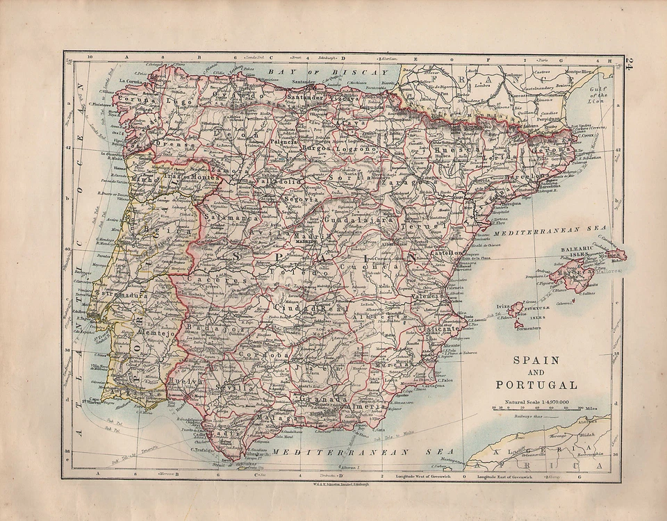 1914 MAPA ~ ESPANHA E PORTUGAL ~ ILHAS BALEARES GRANADA LEÃO BARCELONA - Imagem 1 de 1