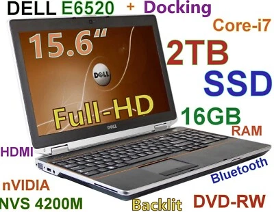 DELL Latitude E6520 i7-2.7GHz Fast 2TB SSD 16GB DVDRW 15.6 FHD nVIDIA + Docking - Image 1 of 4