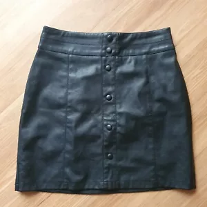 ☆Forever New☆ Faux Leather Mini A-Line Skirt -Black Feature Buttons & Zip- Sz 8 - Picture 1 of 6